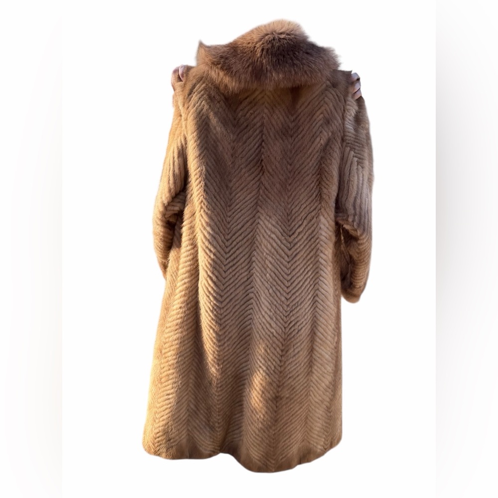 RARE Authentic SAGA Mink Fur Long Coat Camel Brown Herringbone SAGA Fox Trim M - Picture 5 of 14